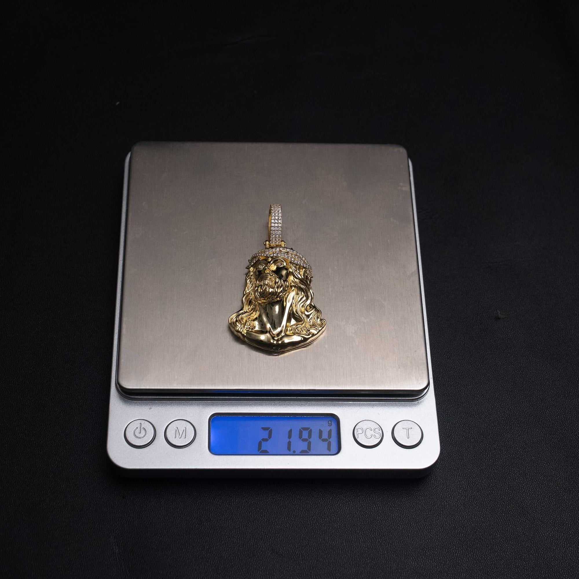 Moissanite Jesus Head Piece Pendant - 14K Gold Plated Solid 925 Sterling Silver