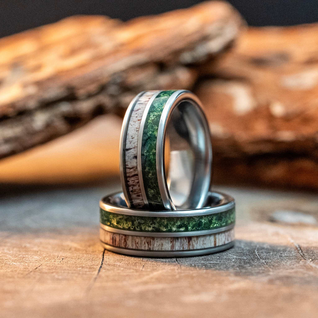 Moss Agate x Antler Tungsten Carbide Ring
