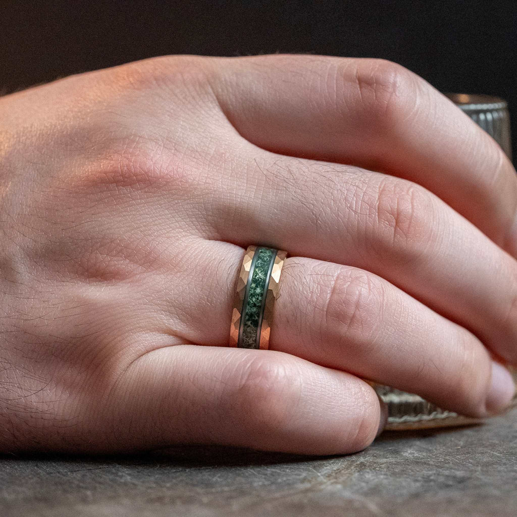 Moss Agate Rose Gold Tungsten Ring