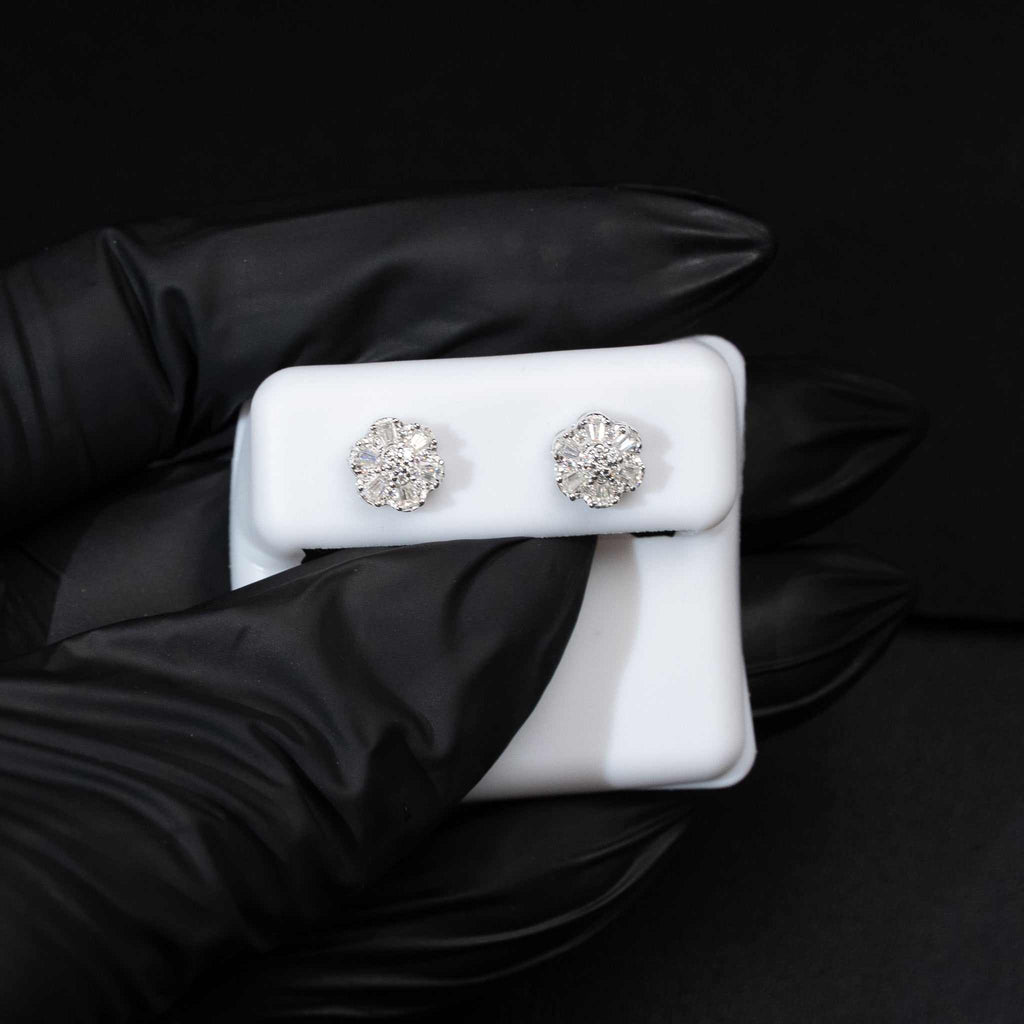 Moissanite Flower Stud Earrings Baguette Cut 925 Sterling Silver Screw Back