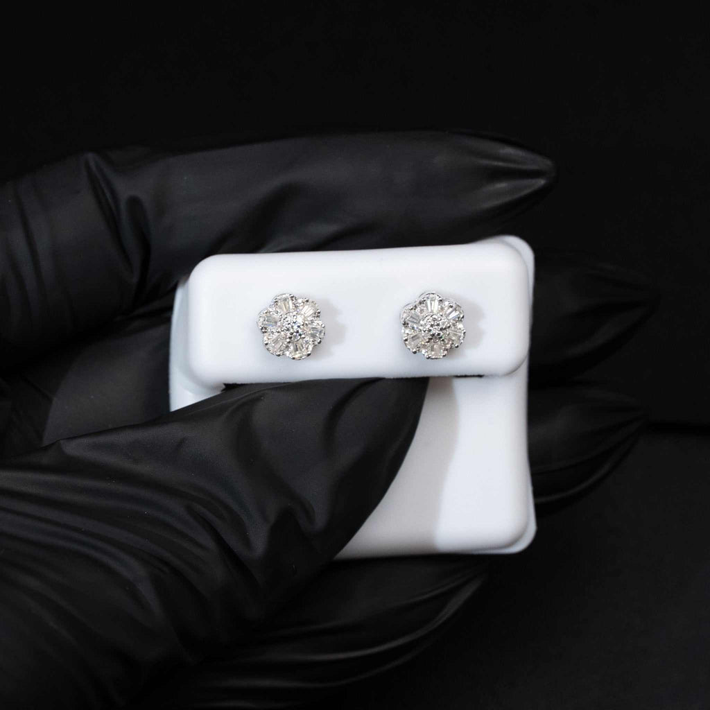 Moissanite Flower Stud Earrings Baguette Cut 925 Sterling Silver Screw Back