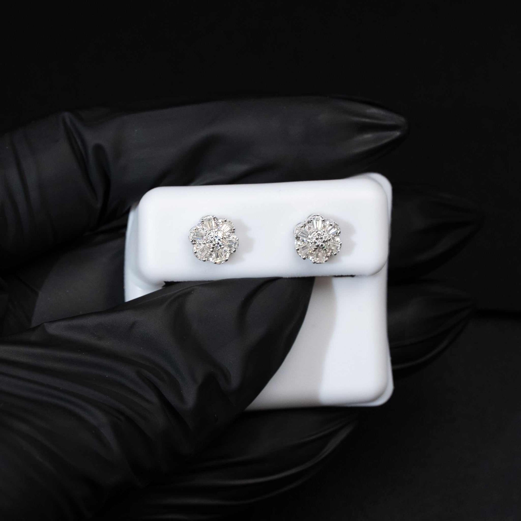 Moissanite Flower Stud Earrings Baguette Cut 925 Sterling Silver Screw Back