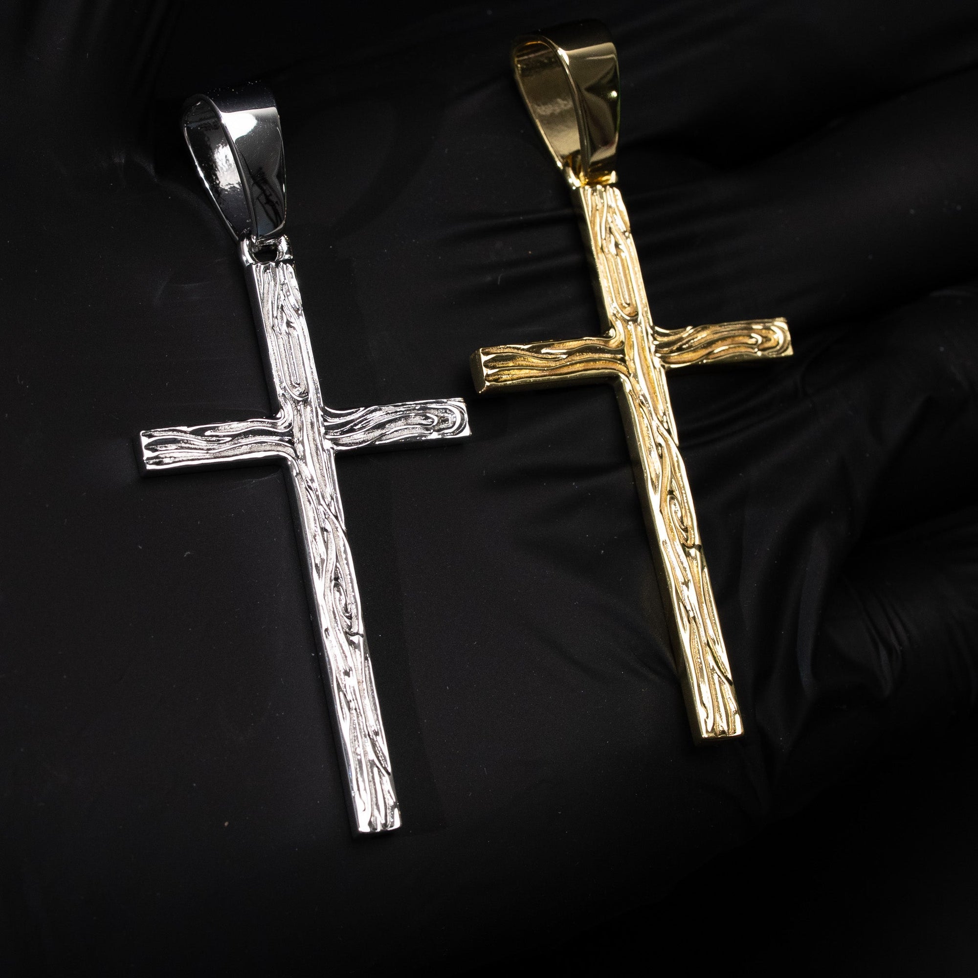 Wood Grain Textured Cross Pendant Solid 925 Sterling Silver Rhodium/14 Gold Plated