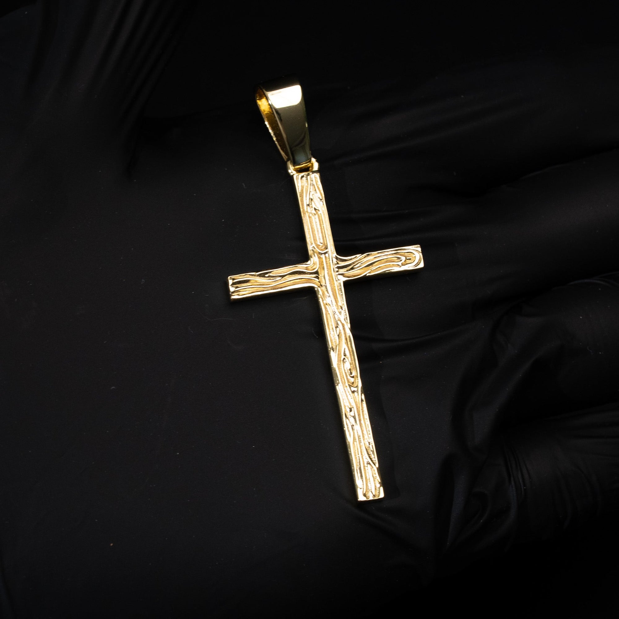 Wood Grain Textured Cross Pendant Solid 925 Sterling Silver Rhodium/14 Gold Plated
