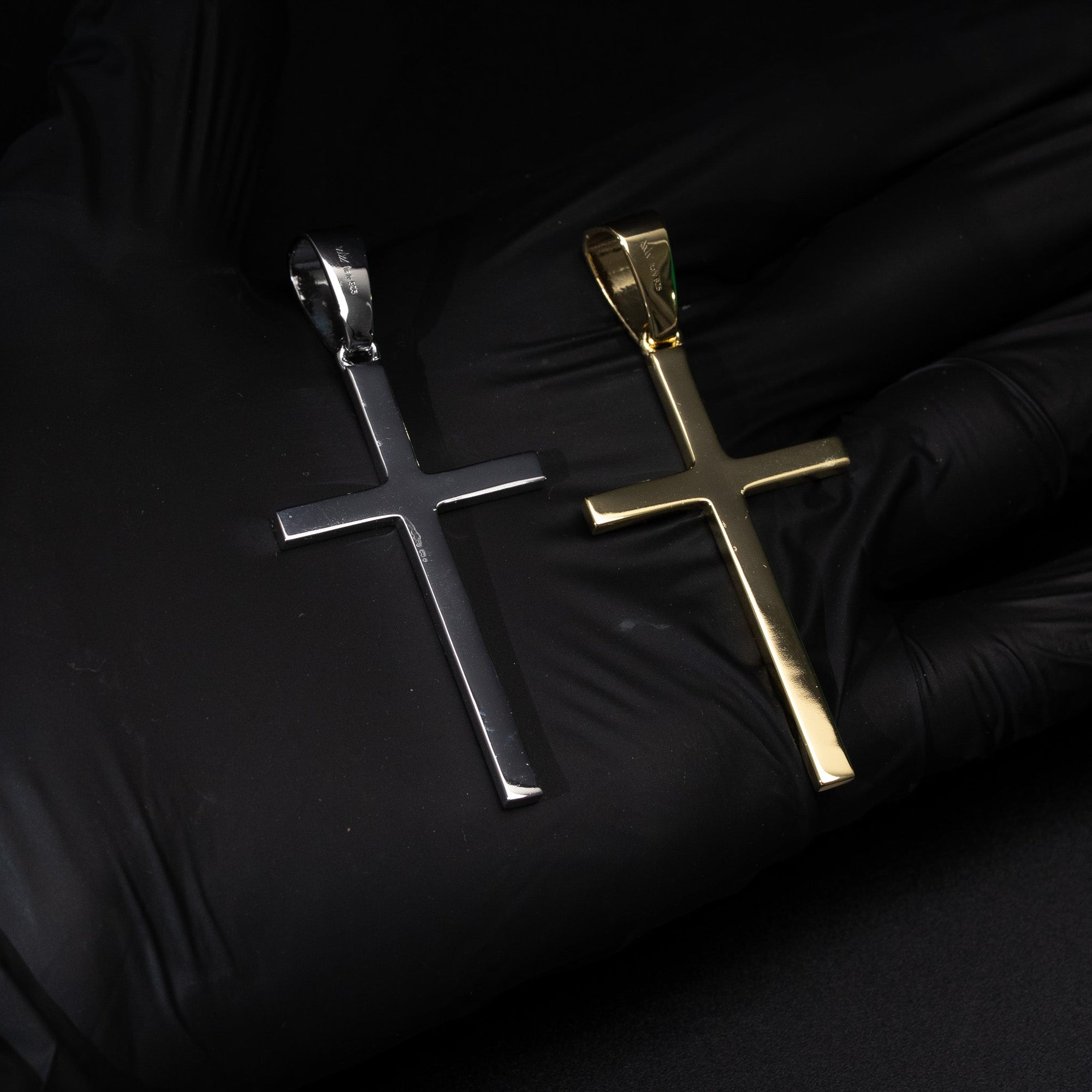 Wood Grain Textured Cross Pendant Solid 925 Sterling Silver Rhodium/14 Gold Plated