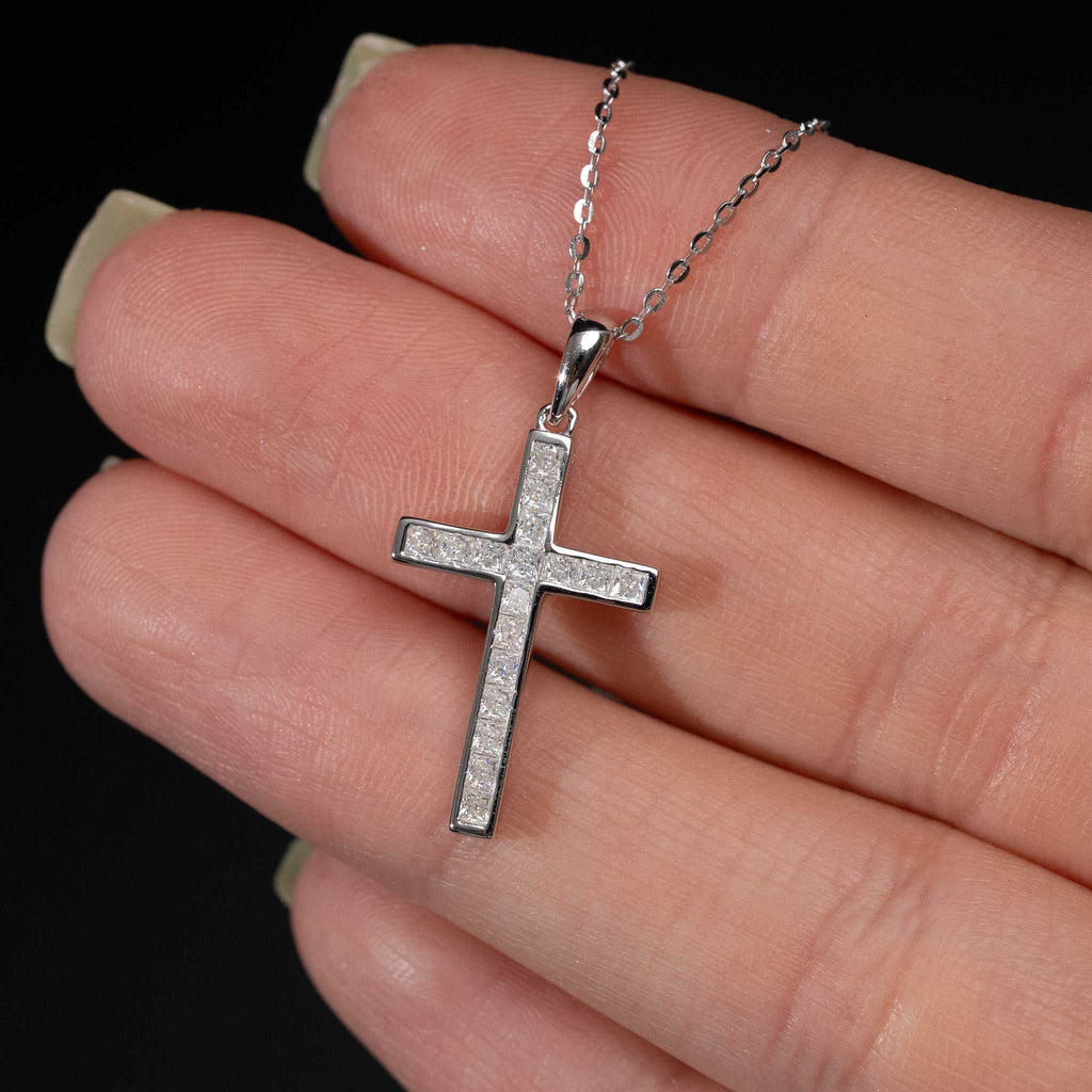 Moissanite Cross Princess Cut Necklace for Women – 925 Sterling Silver