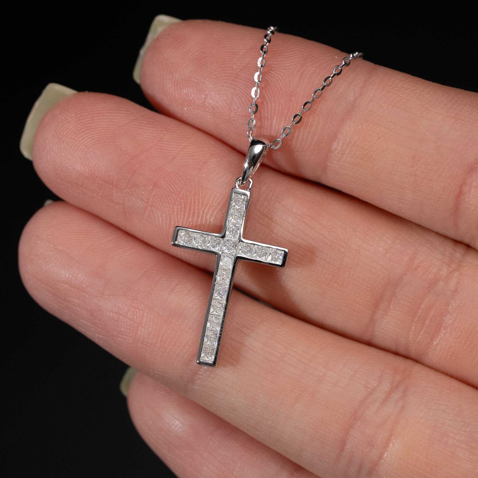 Moissanite Cross Princess Cut Necklace for Women – 925 Sterling Silver
