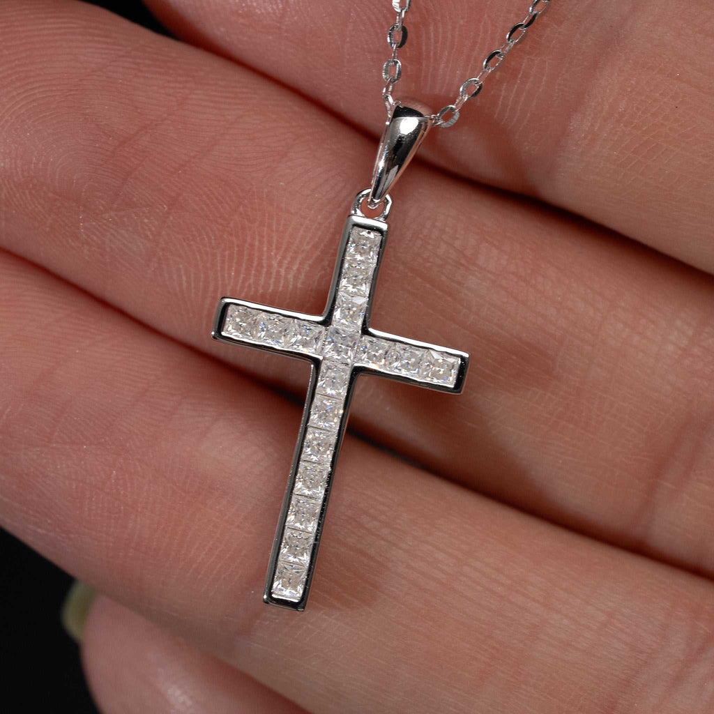 Moissanite Cross Princess Cut Necklace for Women – 925 Sterling Silver