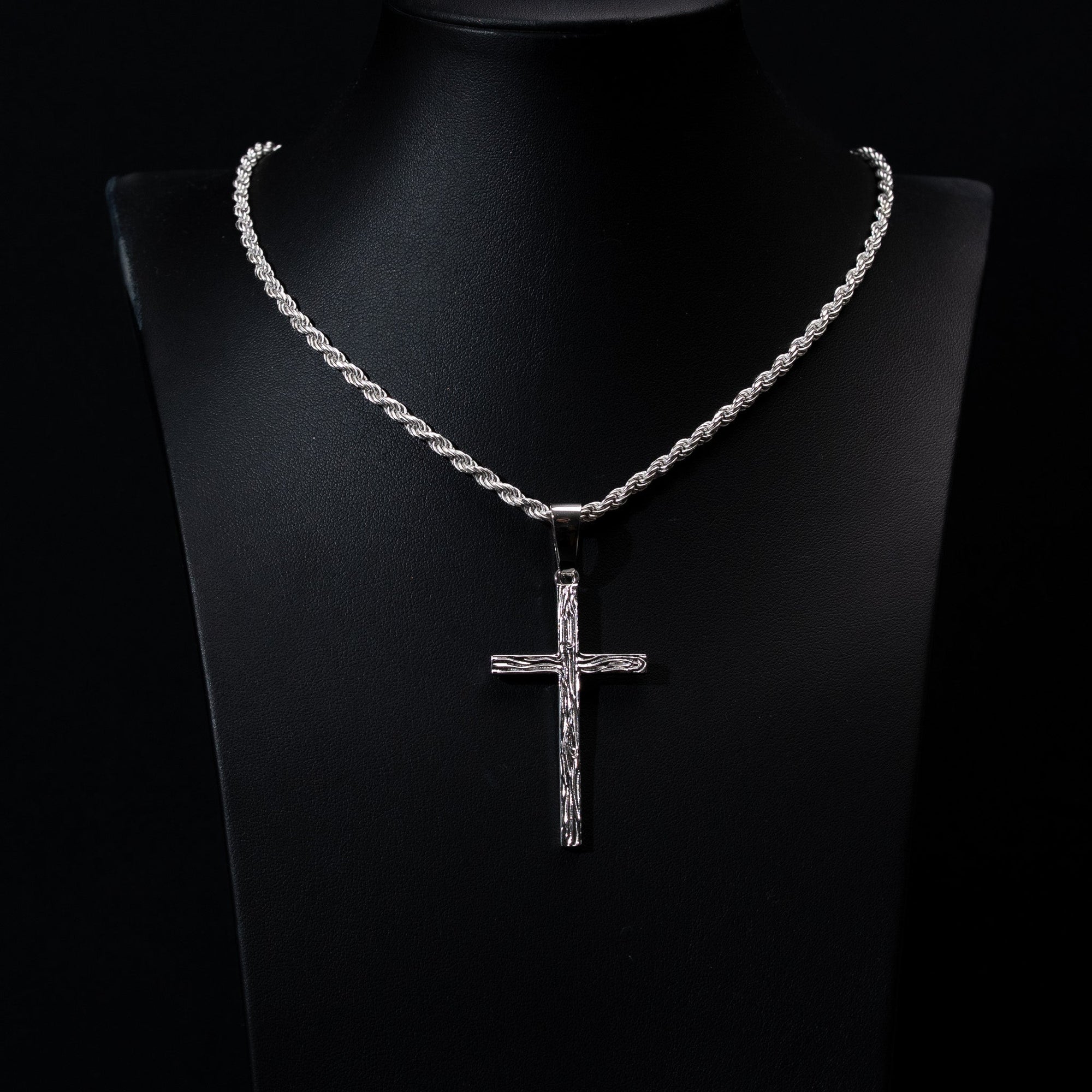 Wood Grain Textured Cross Pendant Solid 925 Sterling Silver Rhodium/14 Gold Plated