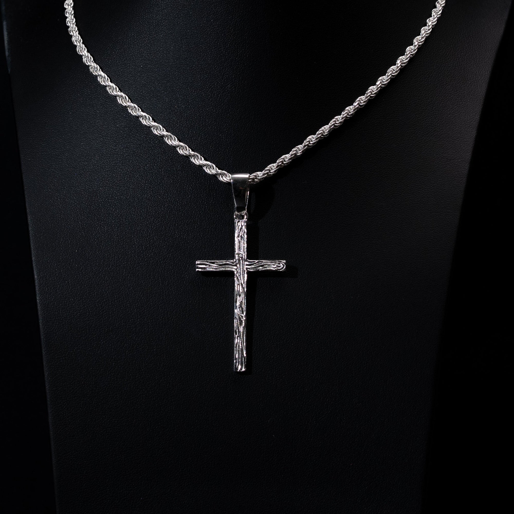 Wood Grain Textured Cross Pendant Solid 925 Sterling Silver Rhodium/14 Gold Plated