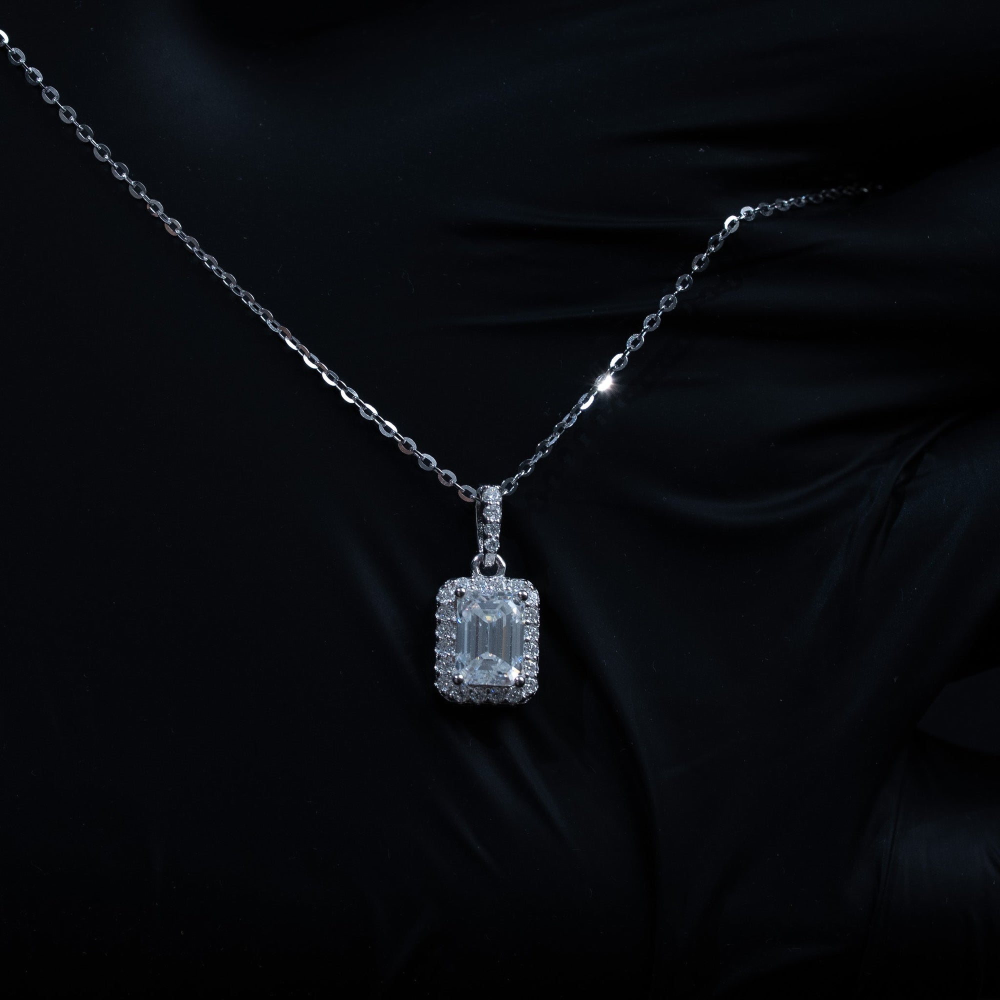 Moissanite 1.2 TCW Emerald Cut Halo Womens Necklace