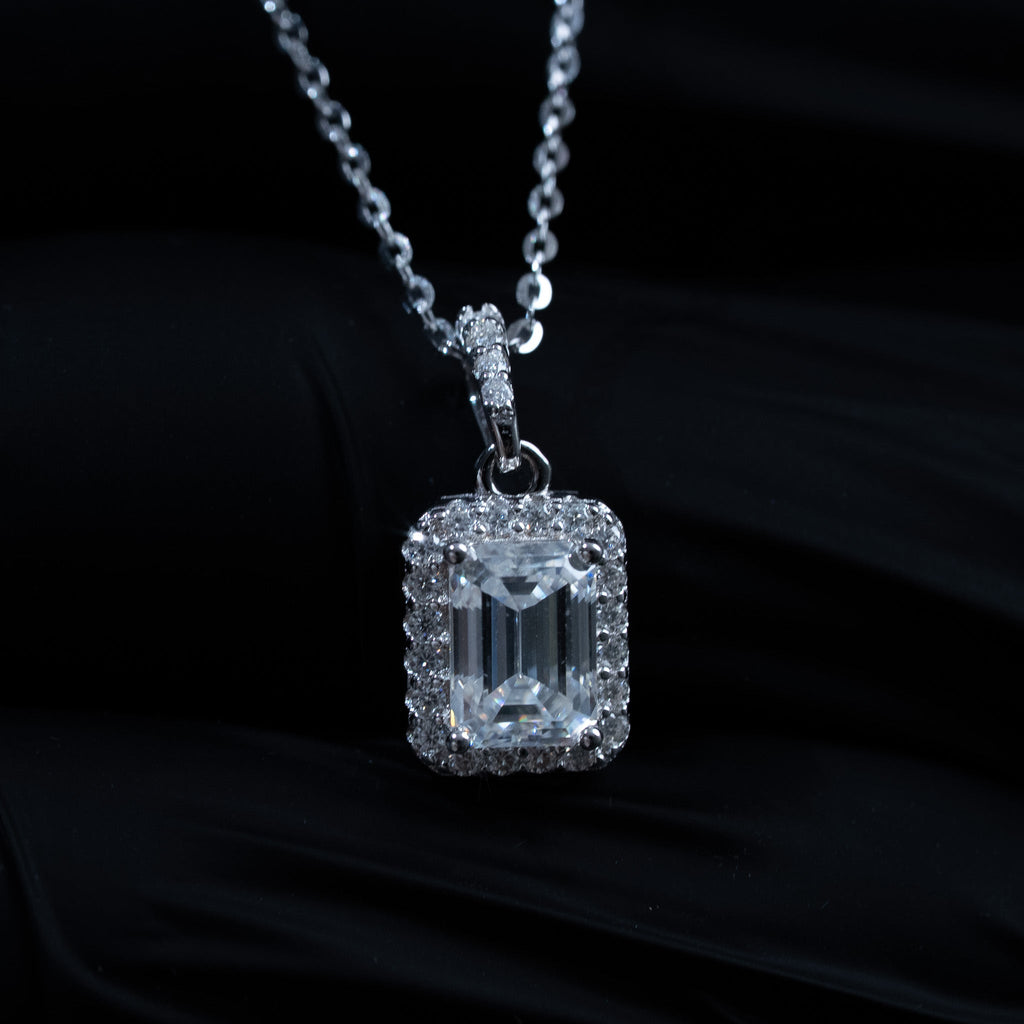 Moissanite 1.2 TCW Emerald Cut Halo Womens Necklace