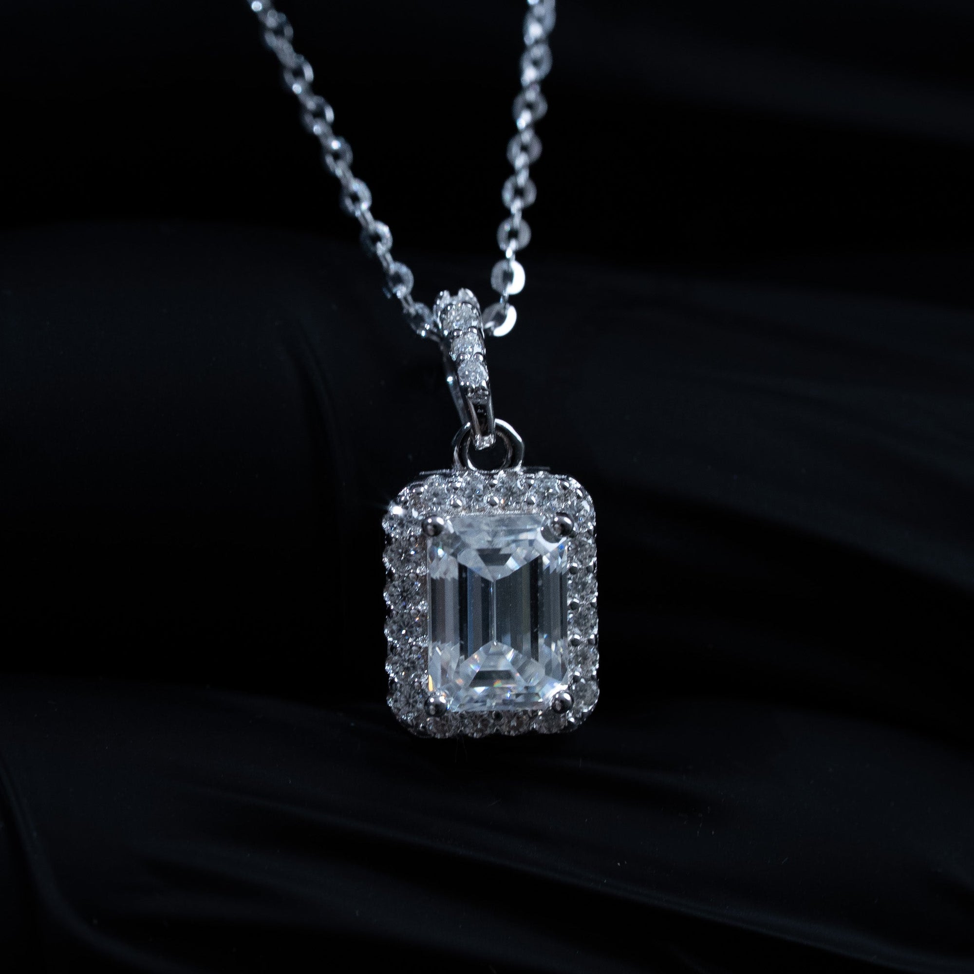 Moissanite 1.2 TCW Emerald Cut Halo Womens Necklace