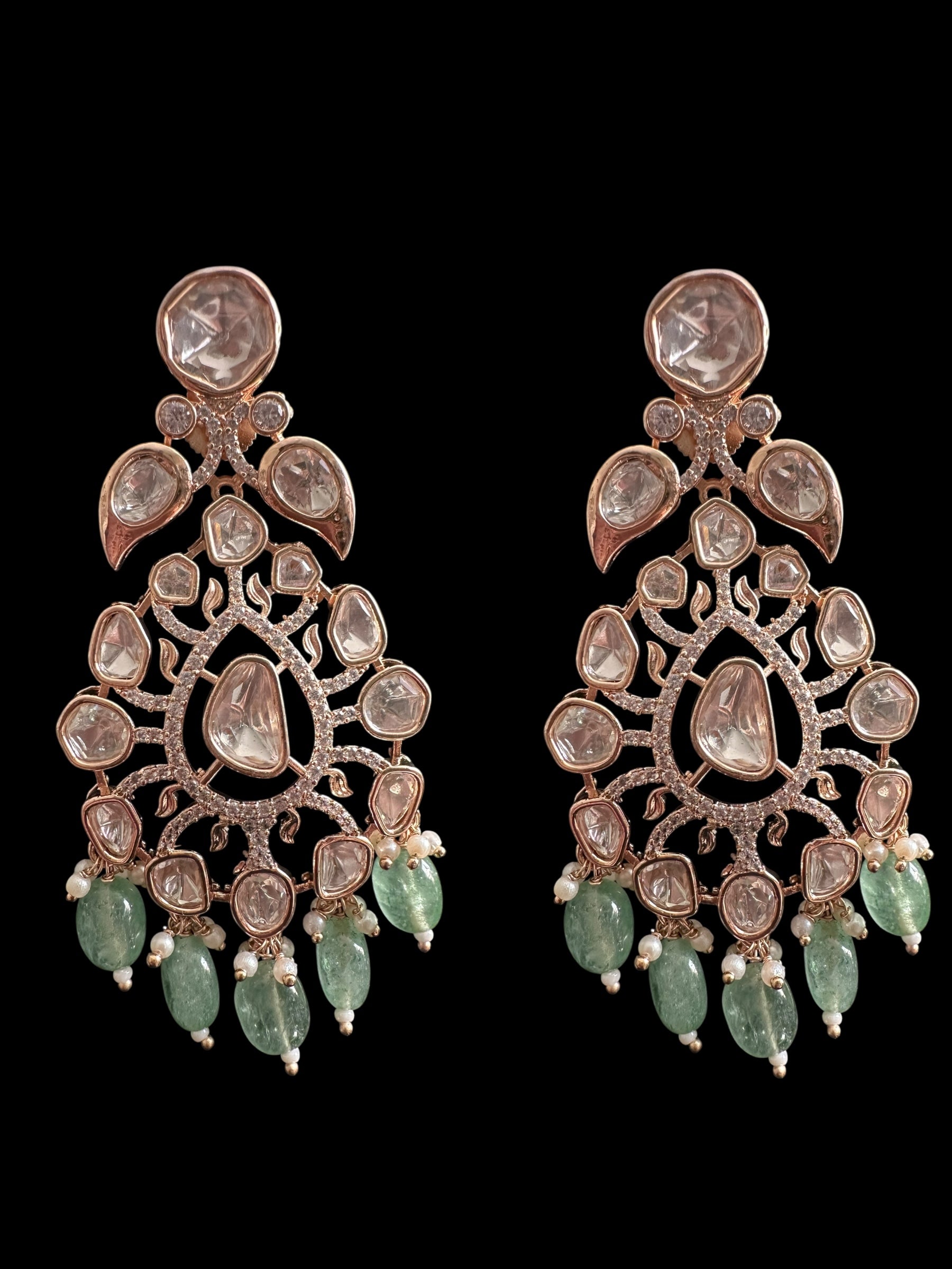 DNS206 Alayna Polki Necklace earrings tika set - light green beads with pearls ( READY TO SHIP )