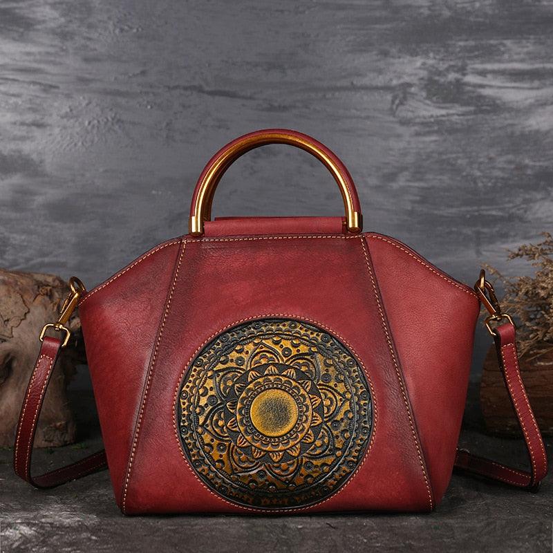 Mandala Embossed Leather Shoulder Bag
