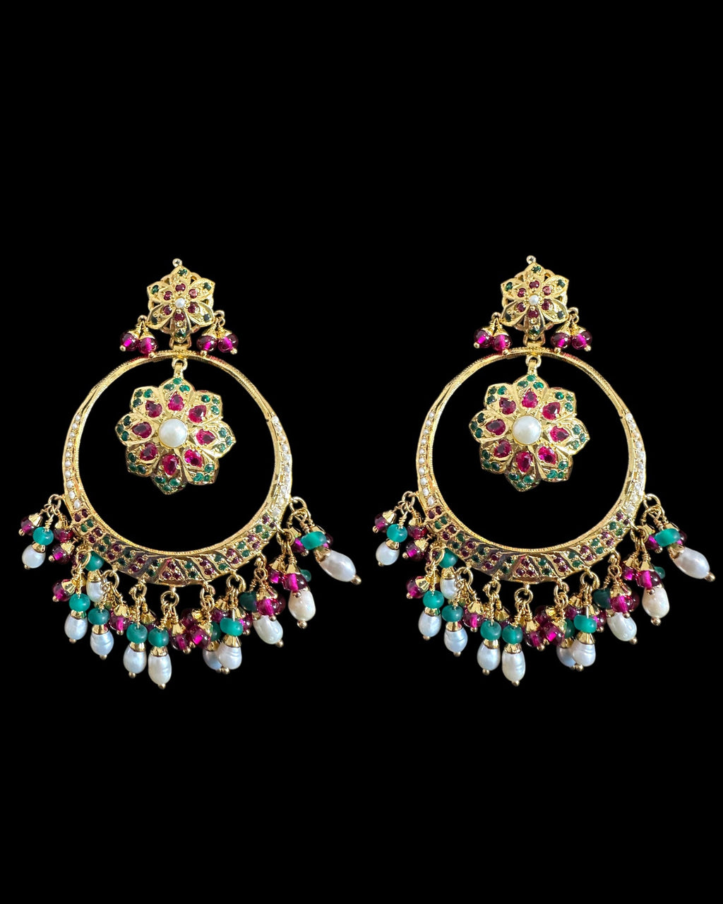 SER21 Ruby emerald pearl gold plated silver chandbali earrings ( READY TO SHIP )