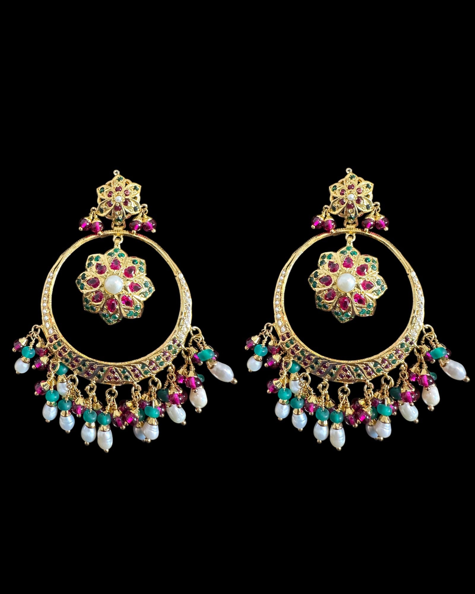 SER21 Ruby emerald pearl gold plated silver chandbali earrings ( READY TO SHIP )