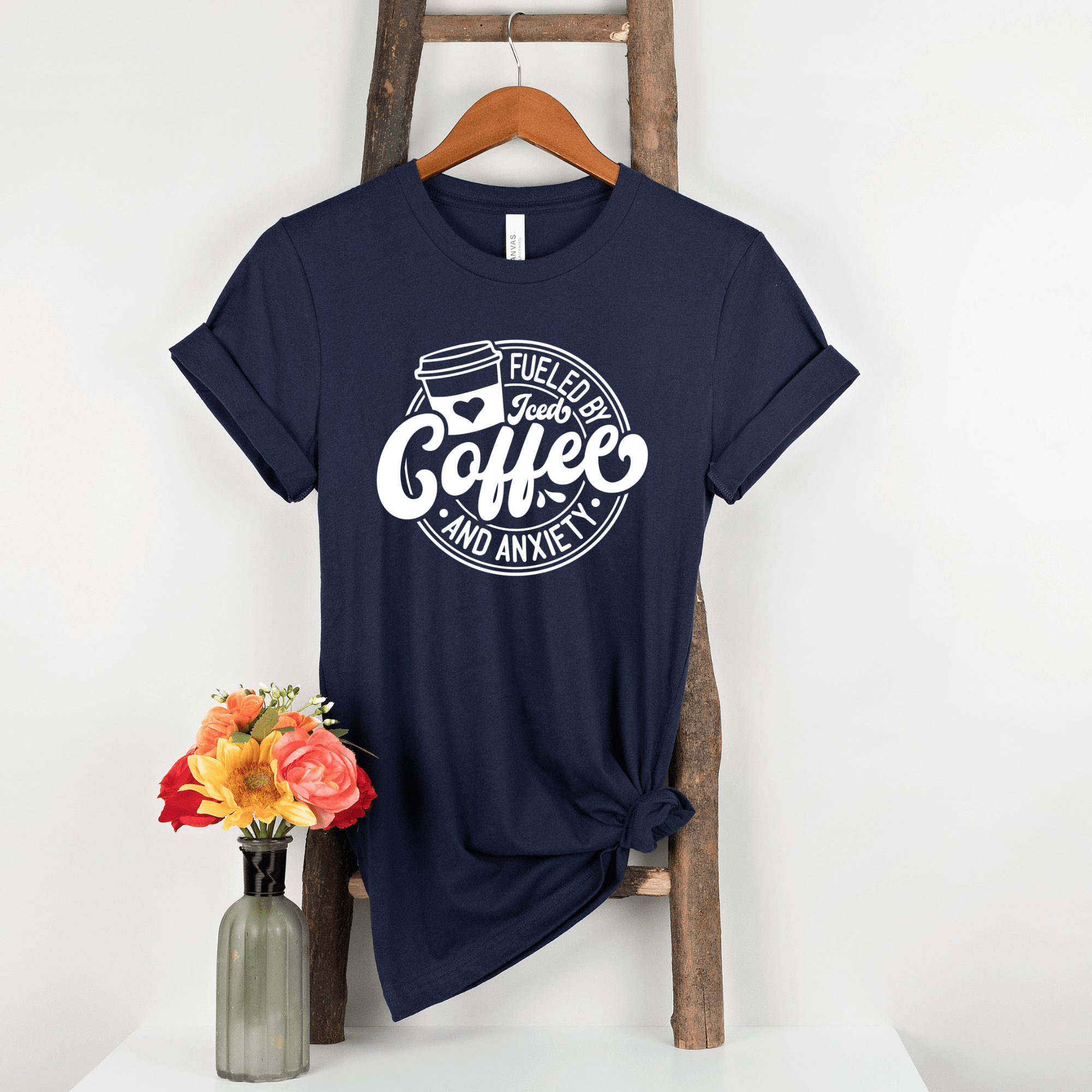 Fueled By Iced Coffee & Anxiety | White Design | Adult T-Shirt