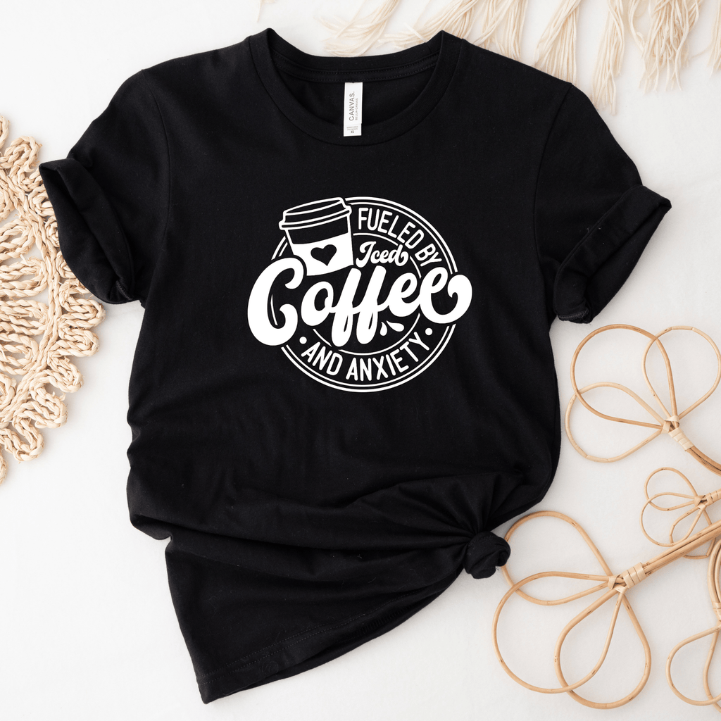 Fueled By Iced Coffee & Anxiety | White Design | Adult T-Shirt