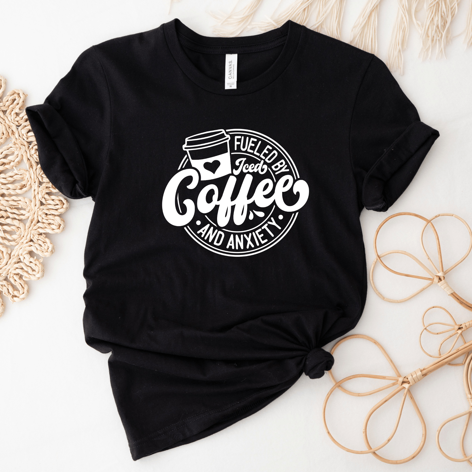 Fueled By Iced Coffee & Anxiety | White Design | Adult T-Shirt