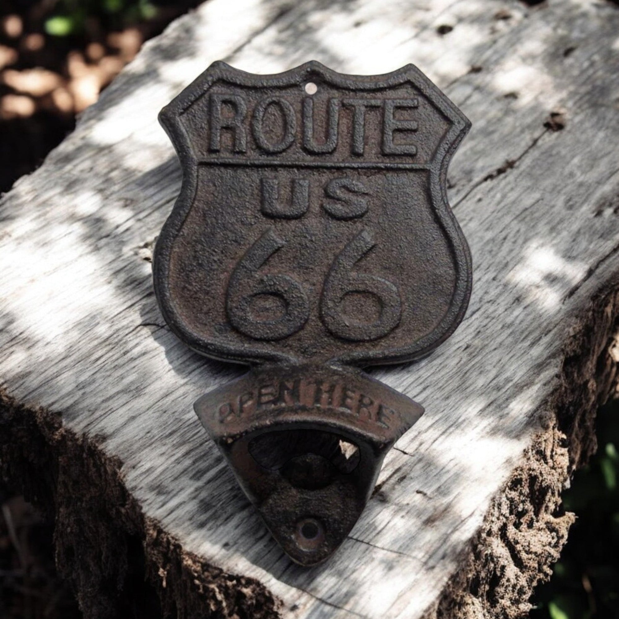 Route 66 Cast Iron Bottle Opener, Vintage Americana Bar Accessory
