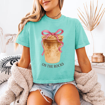 On the Rock Coffee Iced Latte Iced Coffee Garment Dyed Women's Slightly Cropped T Shirt