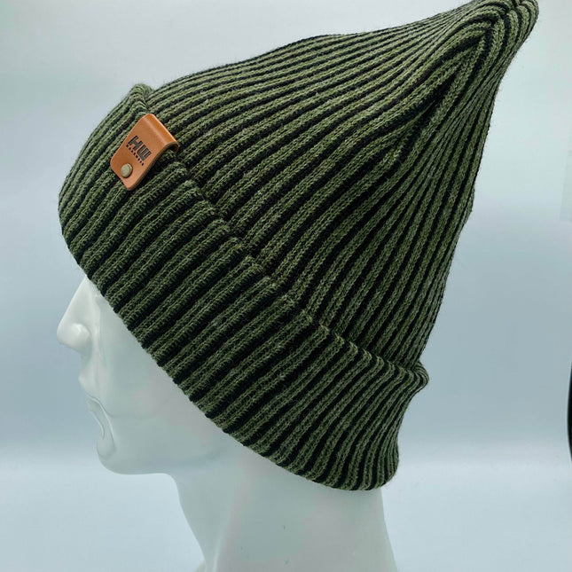 HAAKWEAR Cuffed Wide Ribbed Striped Beanie / Hat, Black / Green, Limited Edition - Made in USA