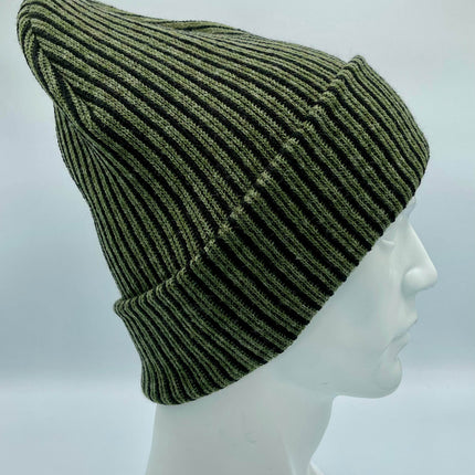 HAAKWEAR Cuffed Wide Ribbed Striped Beanie / Hat, Black / Green, Limited Edition - Made in USA
