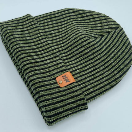 HAAKWEAR Cuffed Wide Ribbed Striped Beanie / Hat, Black / Green, Limited Edition - Made in USA