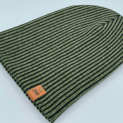 HAAKWEAR Cuffed Wide Ribbed Striped Beanie / Hat, Black / Green, Limited Edition - Made in USA