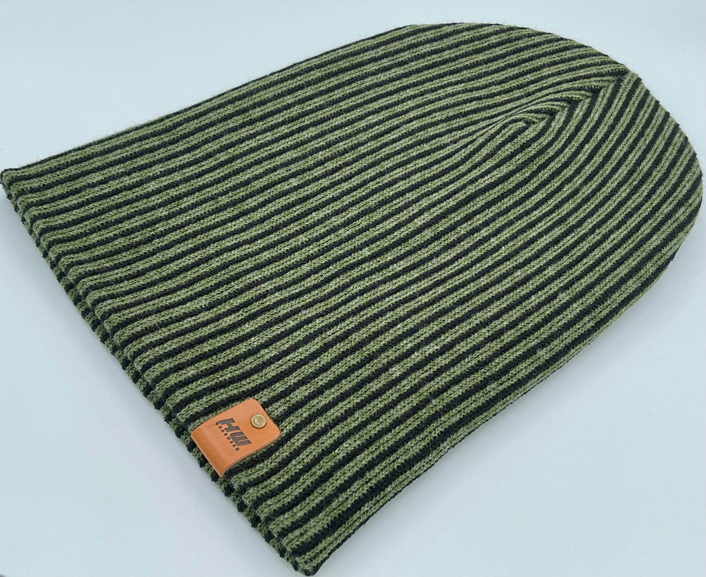 HAAKWEAR Cuffed Wide Ribbed Striped Beanie / Hat, Black / Green, Limited Edition - Made in USA