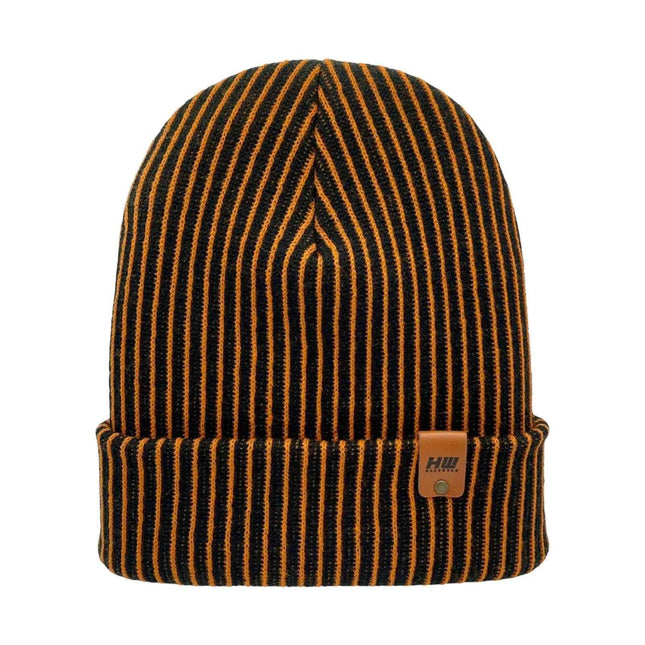HAAKWEAR Cuffed Wide Ribbed Striped Beanie / Hat, Black / Orange, Limited Edition - Made in USA