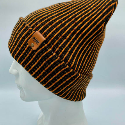 HAAKWEAR Cuffed Wide Ribbed Striped Beanie / Hat, Black / Orange, Limited Edition - Made in USA