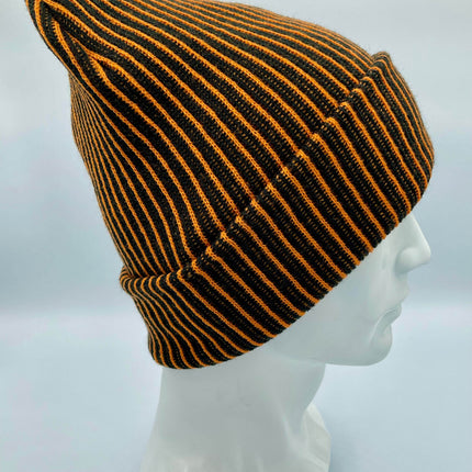 HAAKWEAR Cuffed Wide Ribbed Striped Beanie / Hat, Black / Orange, Limited Edition - Made in USA