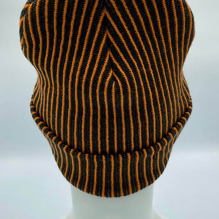 HAAKWEAR Cuffed Wide Ribbed Striped Beanie / Hat, Black / Orange, Limited Edition - Made in USA