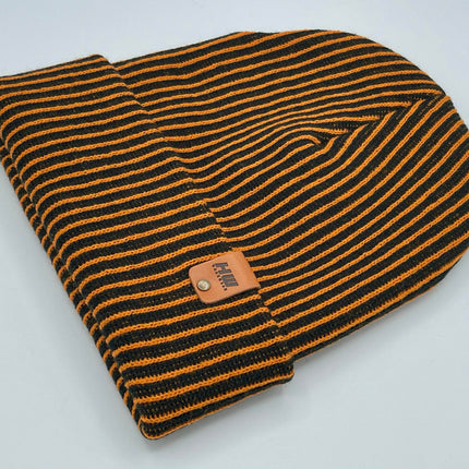 HAAKWEAR Cuffed Wide Ribbed Striped Beanie / Hat, Black / Orange, Limited Edition - Made in USA