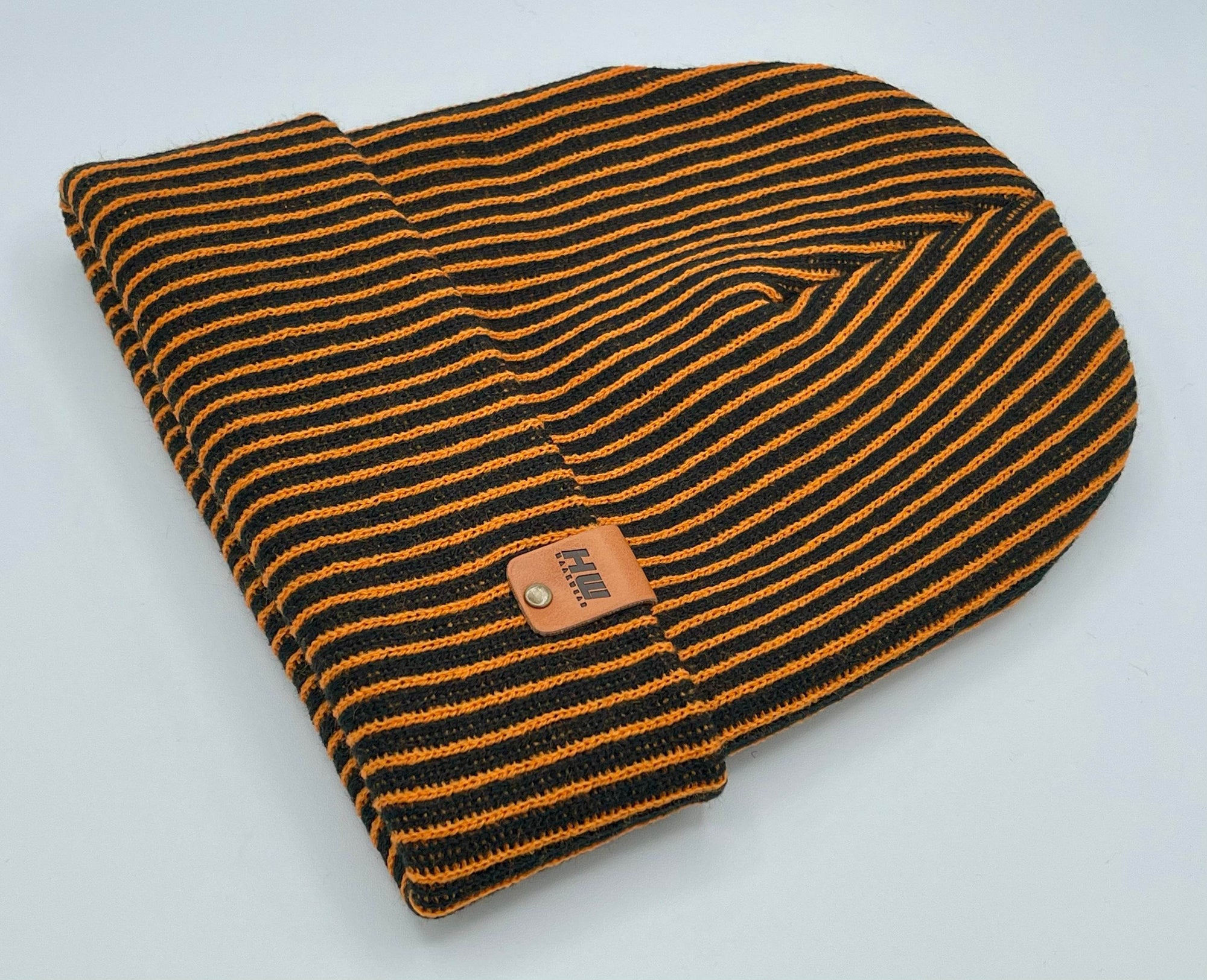 HAAKWEAR Cuffed Wide Ribbed Striped Beanie / Hat, Black / Orange, Limited Edition - Made in USA
