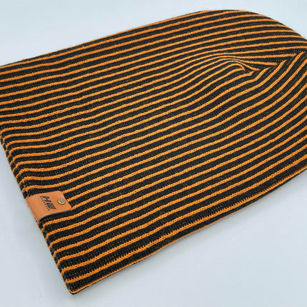 HAAKWEAR Cuffed Wide Ribbed Striped Beanie / Hat, Black / Orange, Limited Edition - Made in USA