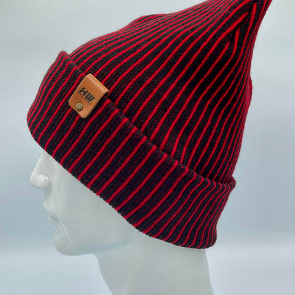 HAAKWEAR Cuffed Wide Ribbed Striped Beanie / Hat, Black / Red, Limited Edition - Made in USA