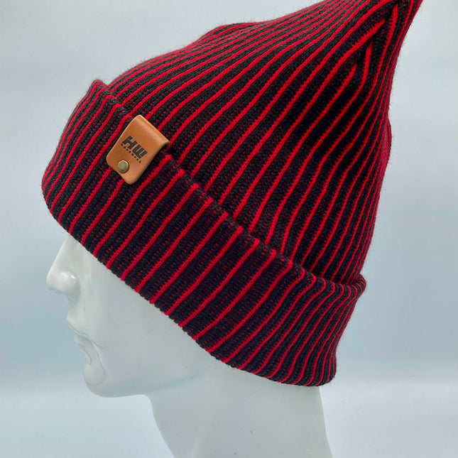 HAAKWEAR Cuffed Wide Ribbed Striped Beanie / Hat, Black / Red, Limited Edition - Made in USA