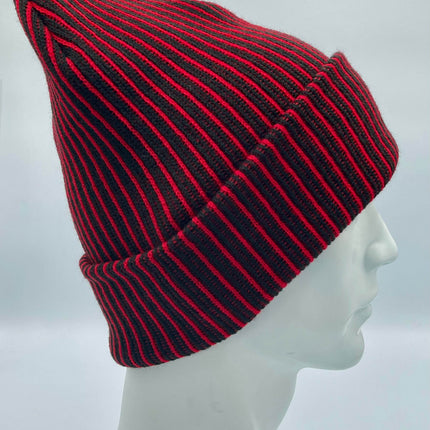 HAAKWEAR Cuffed Wide Ribbed Striped Beanie / Hat, Black / Red, Limited Edition - Made in USA