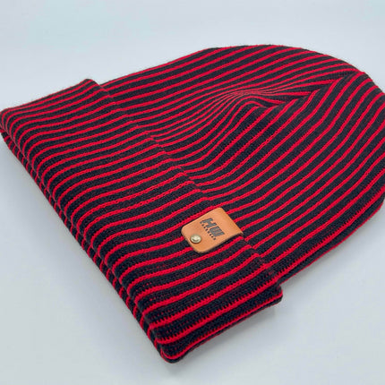 HAAKWEAR Cuffed Wide Ribbed Striped Beanie / Hat, Black / Red, Limited Edition - Made in USA