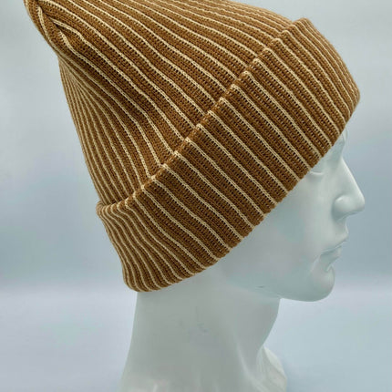 HAAKWEAR Cuffed Wide Ribbed Striped Beanie / Hat, Brown / Beige, Limited Edition - Made in USA