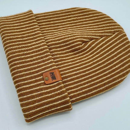 HAAKWEAR Cuffed Wide Ribbed Striped Beanie / Hat, Brown / Beige, Limited Edition - Made in USA