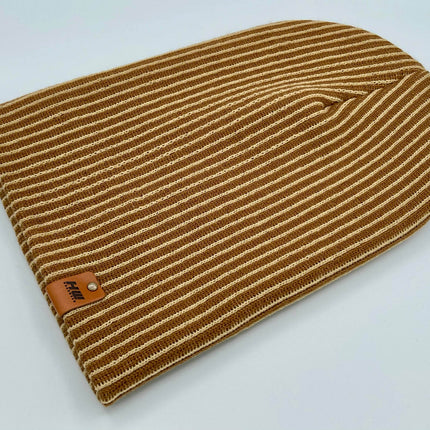 HAAKWEAR Cuffed Wide Ribbed Striped Beanie / Hat, Brown / Beige, Limited Edition - Made in USA