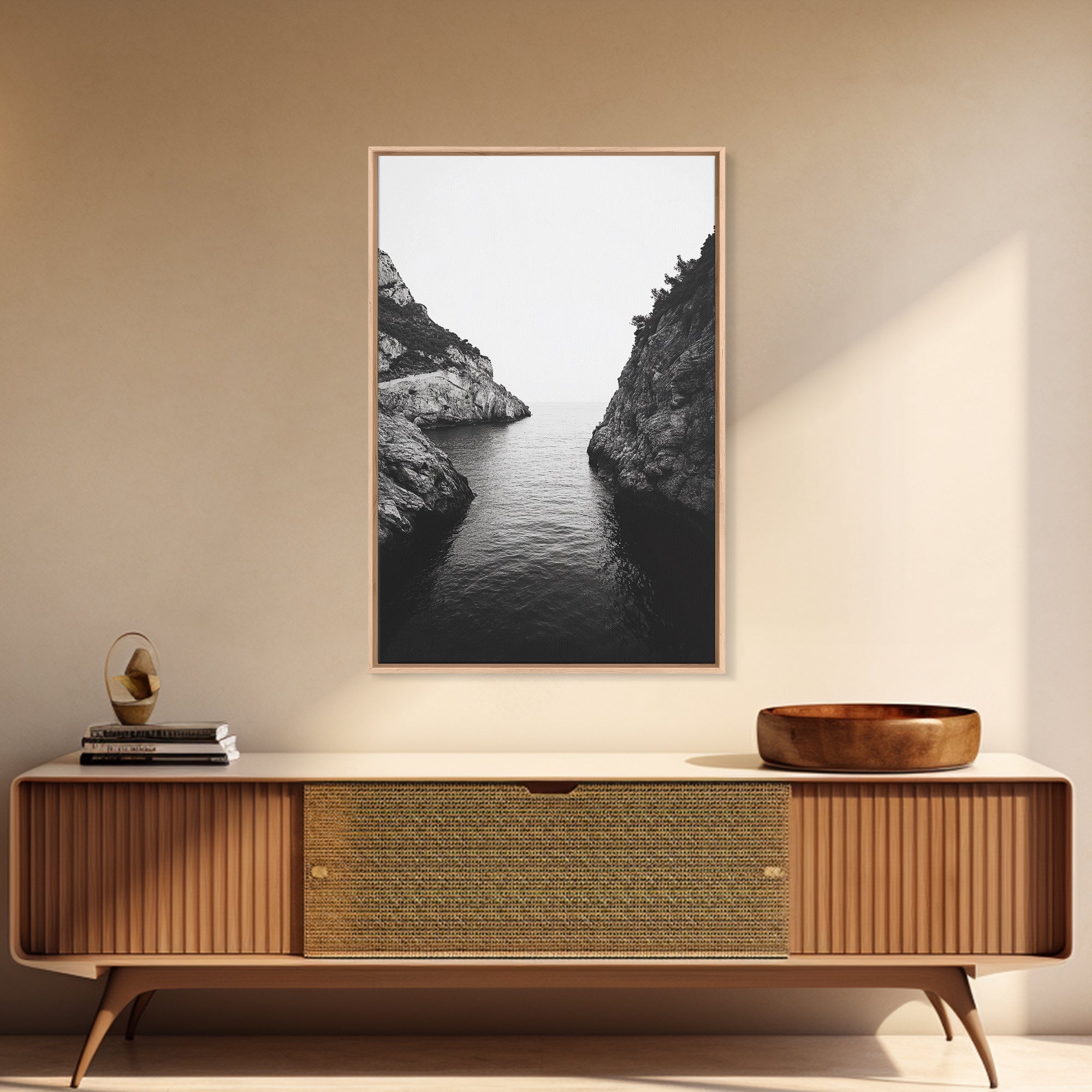 Cliffs, Ocean, Channel, Serenity - Dramatic rocky inlet view, Framed Canvas Print, ideal bathroom or hallway wall art, nature lover minimalist