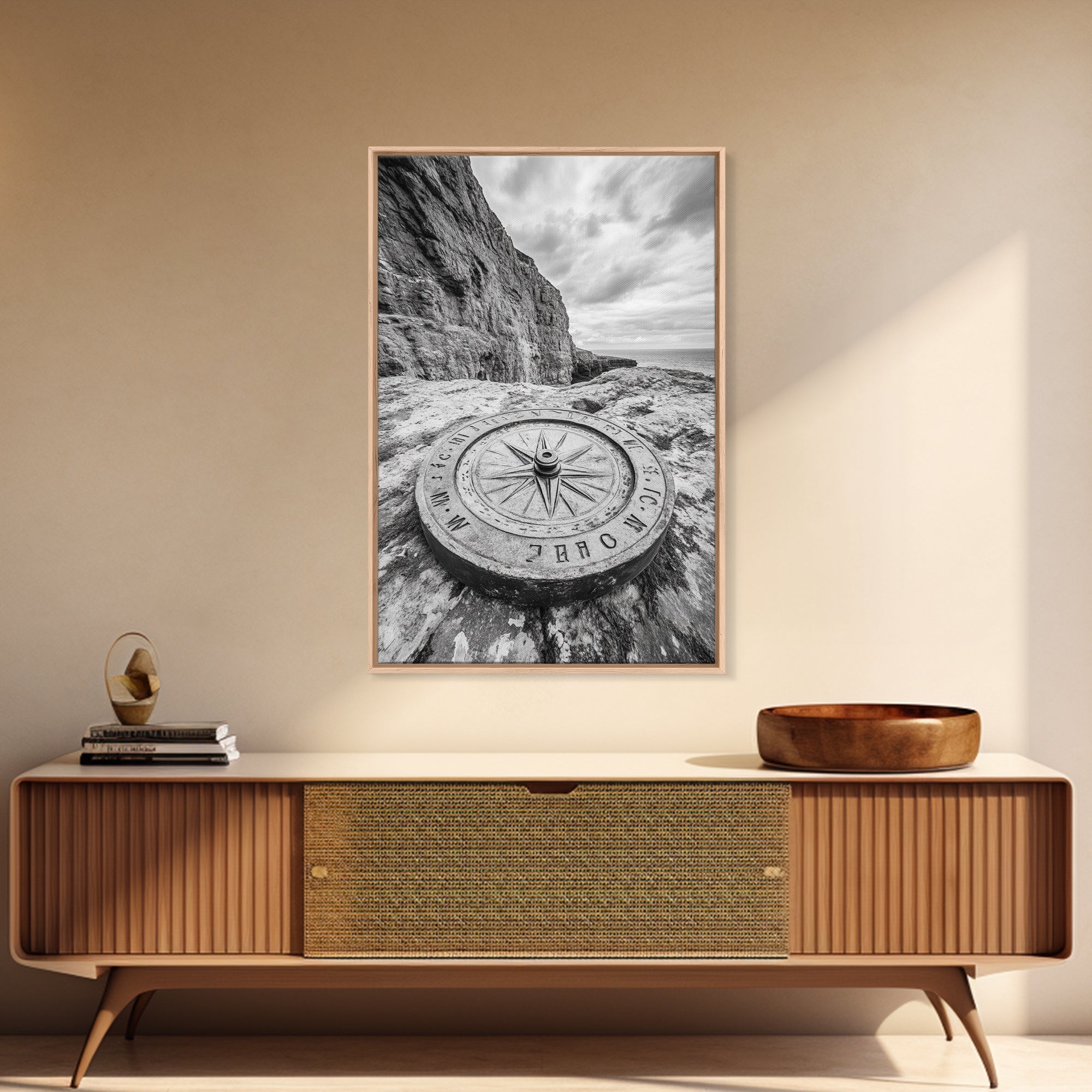 Compass On Cliff, Adventure Travel Art, Nautical Wall Decor, Framed Canvas Print, Rustic Office Art, Nature Explorer Gift Idea