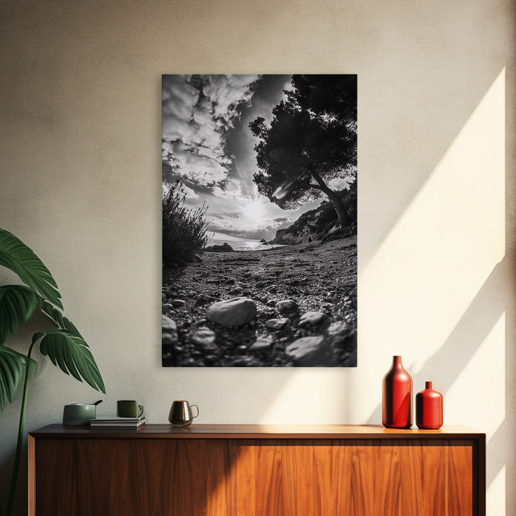 Sunset Beach View, Wide Angle Perspective, Nature Shoreline, Monochrome Landscape, Framed Canvas Print, Hallway Wall Art, Beach Decor