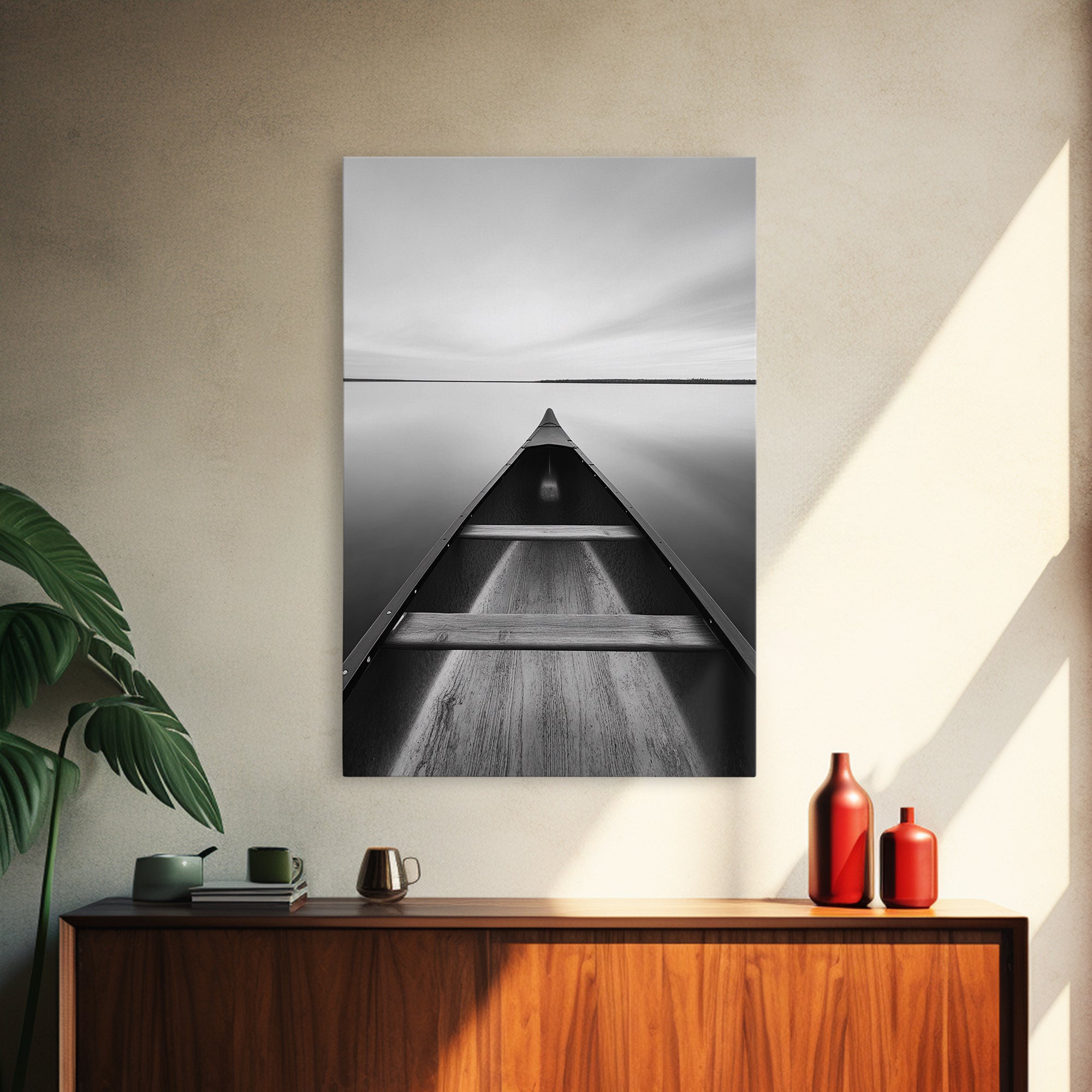 Canoe, Lake, Calm, Horizon - Minimalist lake paddle scene, Framed Canvas Print, peaceful home office art, Scandinavian decor, wilderness print