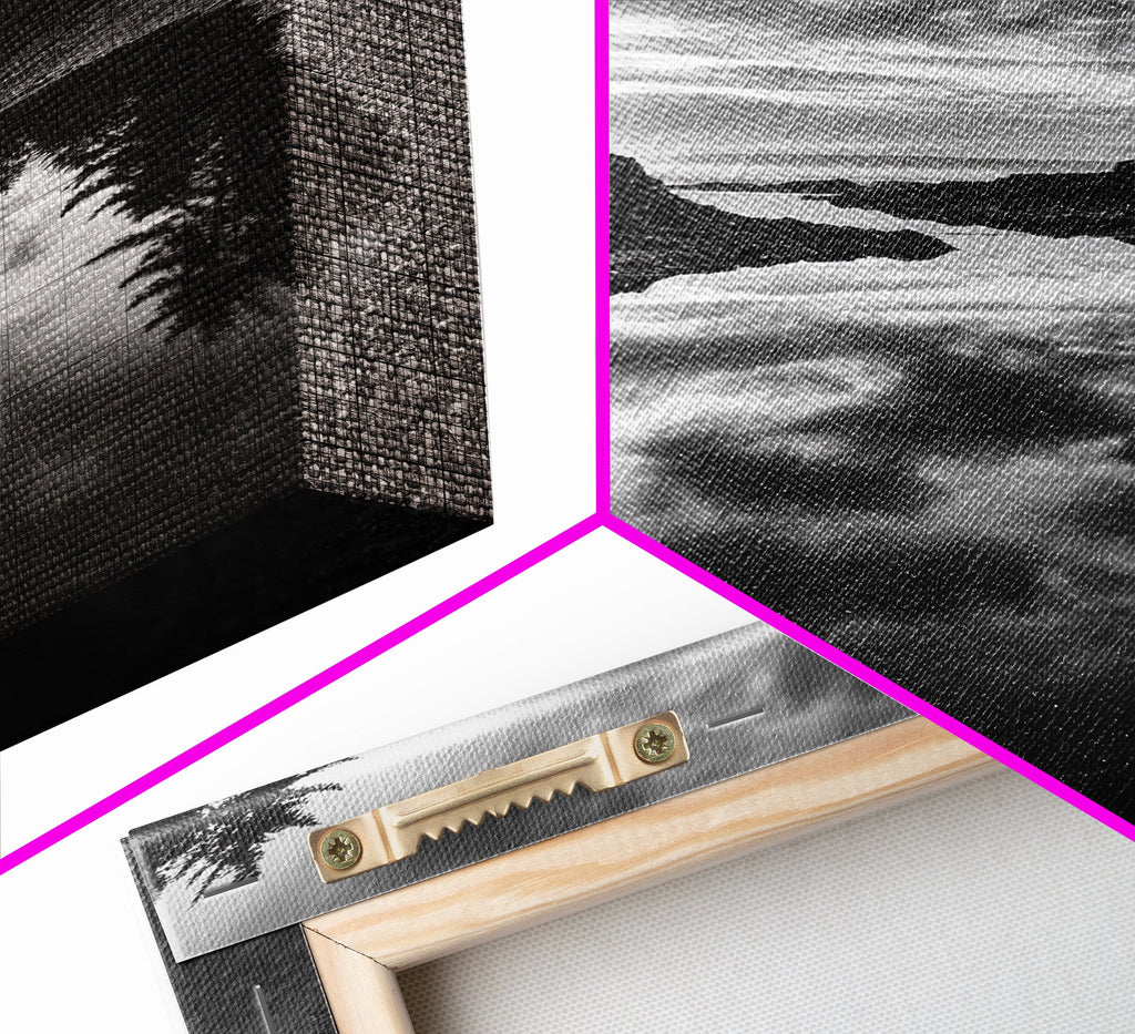 Reflective Tide Pool, Dramatic Sky, Forest Silhouette, Black and White Seascape, Framed Canvas Print, Living Room Wall Art, Nature Boho Style